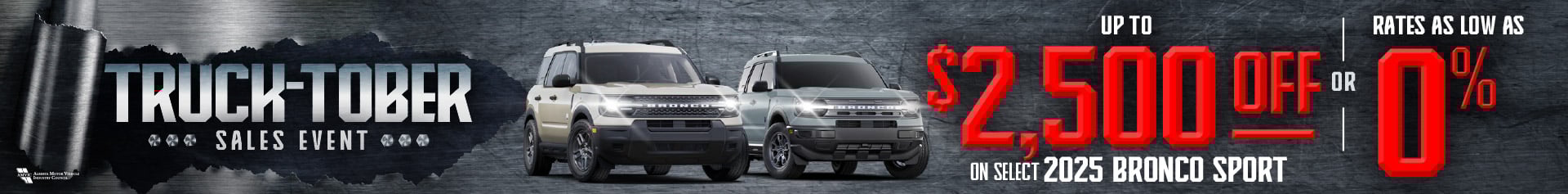 Steel-textured background with two 2025 Ford Bronco Sport vehicles (beige and grey) and bold red text highlighting “Up to $2,500 off or rates as low as 0% on select 2025 Bronco Sport.” Mid-Town Ford Winnipeg logo at the bottom right.